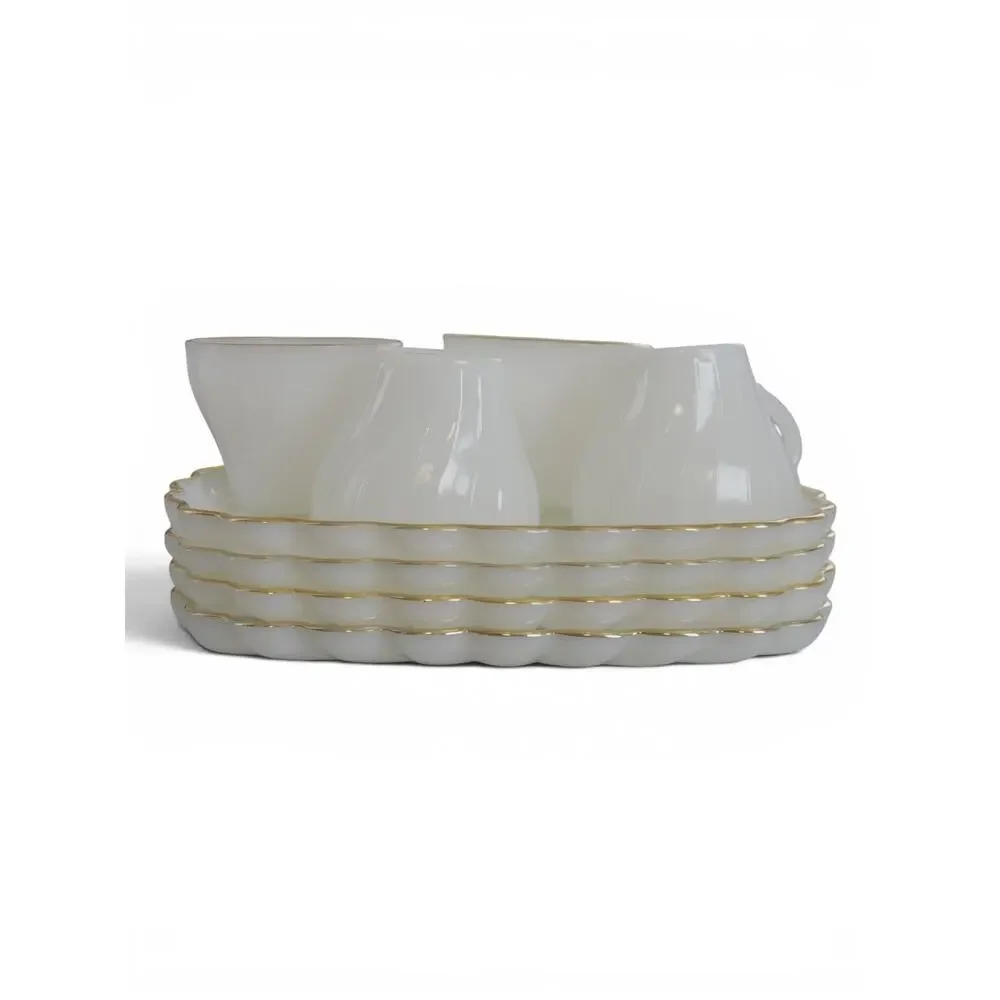 Vintage Anchor Hocking Milk Glass Snack Set 4 Cups 4 Trays Gold Trim